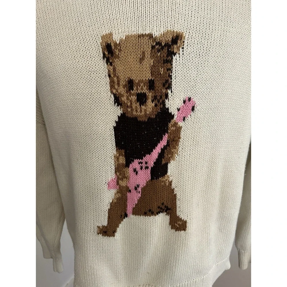 Lucky Brand Sweater Bear W/ Pink Guitar Graphic Cream Size XL  100% Cotton